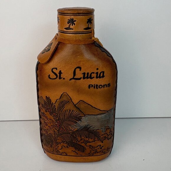 St. Lucia Pitons Leather Wrapped Flask Souvenir Caribbean - Picture 1 of 7